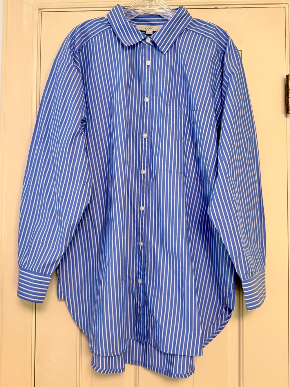 LOFT Blue White Striped Oversized Button Down Shirt Size: L